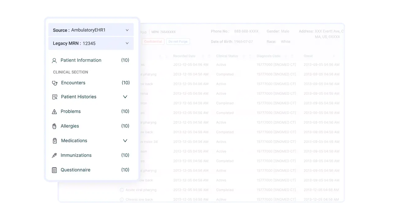 Animated Muspell interface moving from a patient header into a unified clinical record