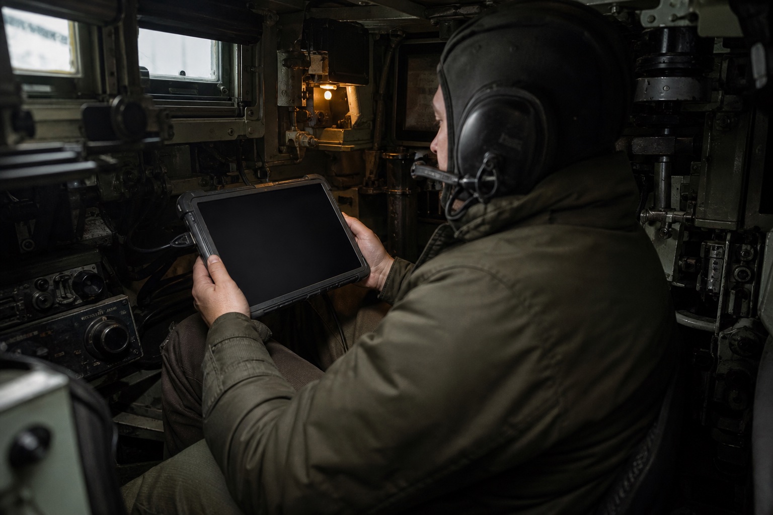 Operator holding a blank rugged tablet inside a cramped armoured vehicle interior