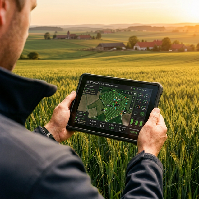 Rojnica swarm fleet management console tracking drones across treatment blocks
