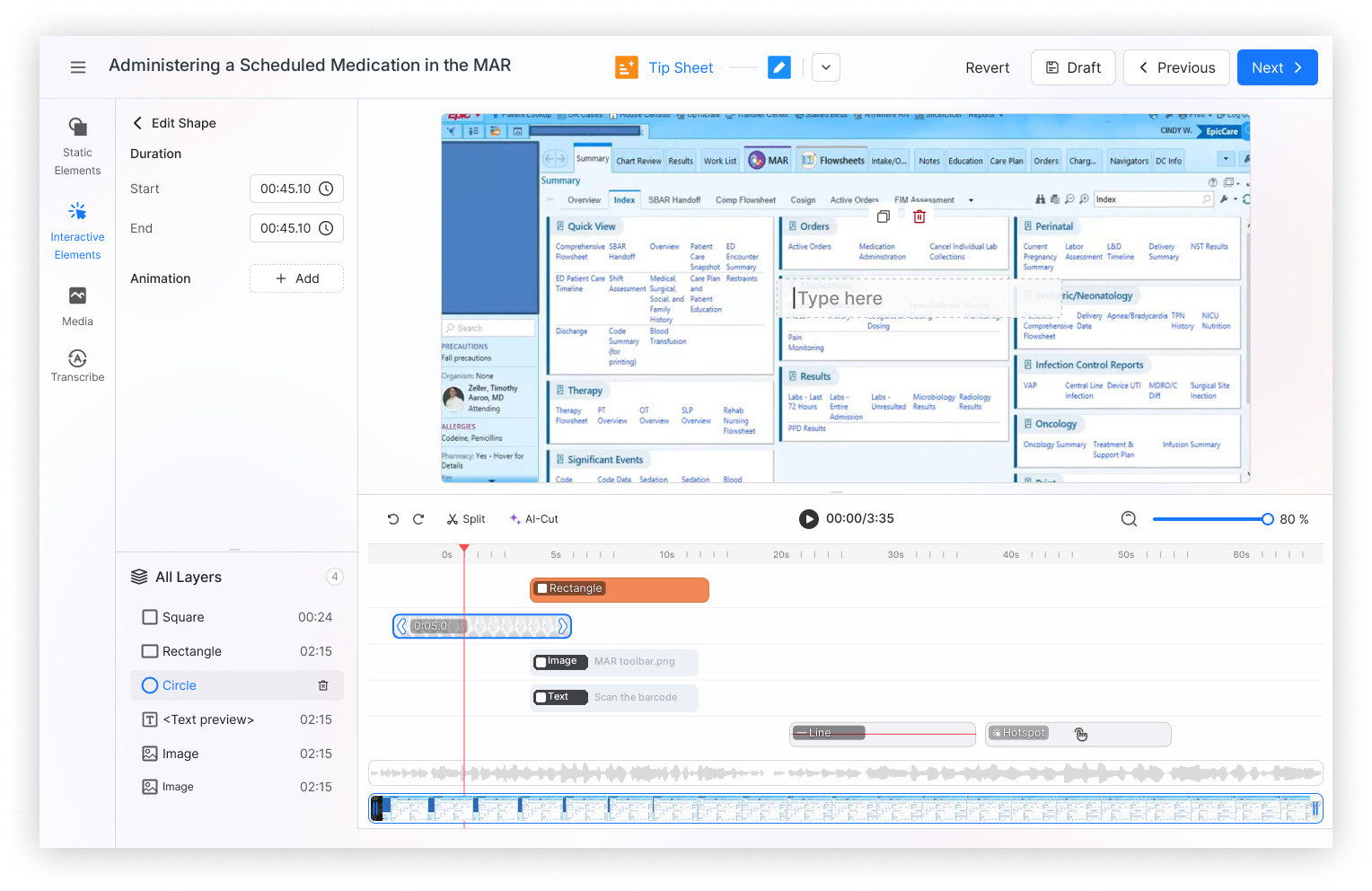 The Jeeves editor: an Epic screen recording on the canvas, a layer list on the left, and a timeline of timed annotation tracks below