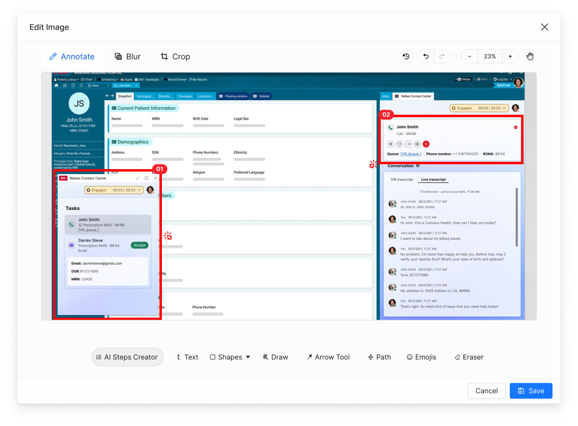 The image editor with Annotate, Blur and Crop tabs, numbered step markers placed on a patient chart, and an AI Steps Creator tool