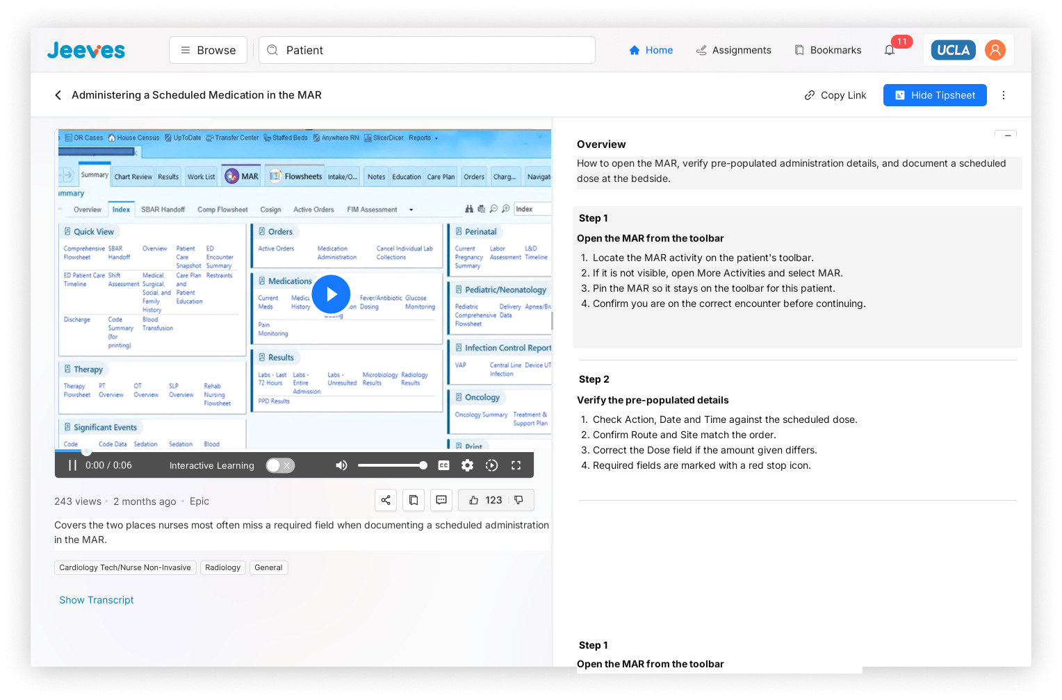 The learner view with the video player on the left and the generated tip sheet steps on the right