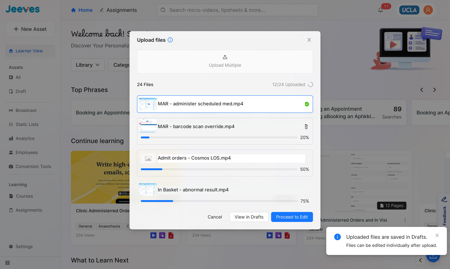 Bulk upload with four recordings queued, each with its own progress and remove control