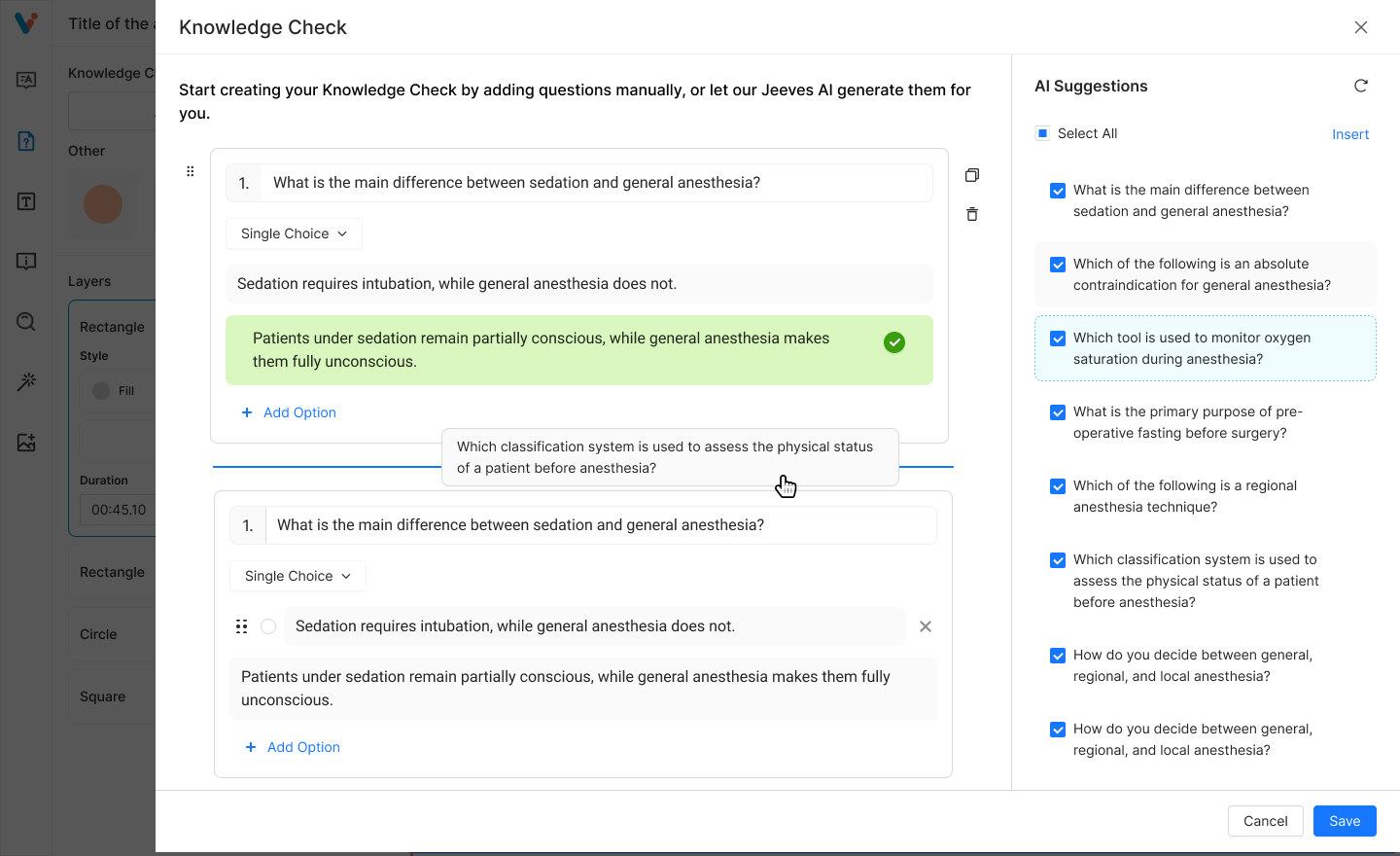 The Knowledge Check builder with a question, options and a correct answer, beside a panel of AI-suggested questions with checkboxes and an Insert action