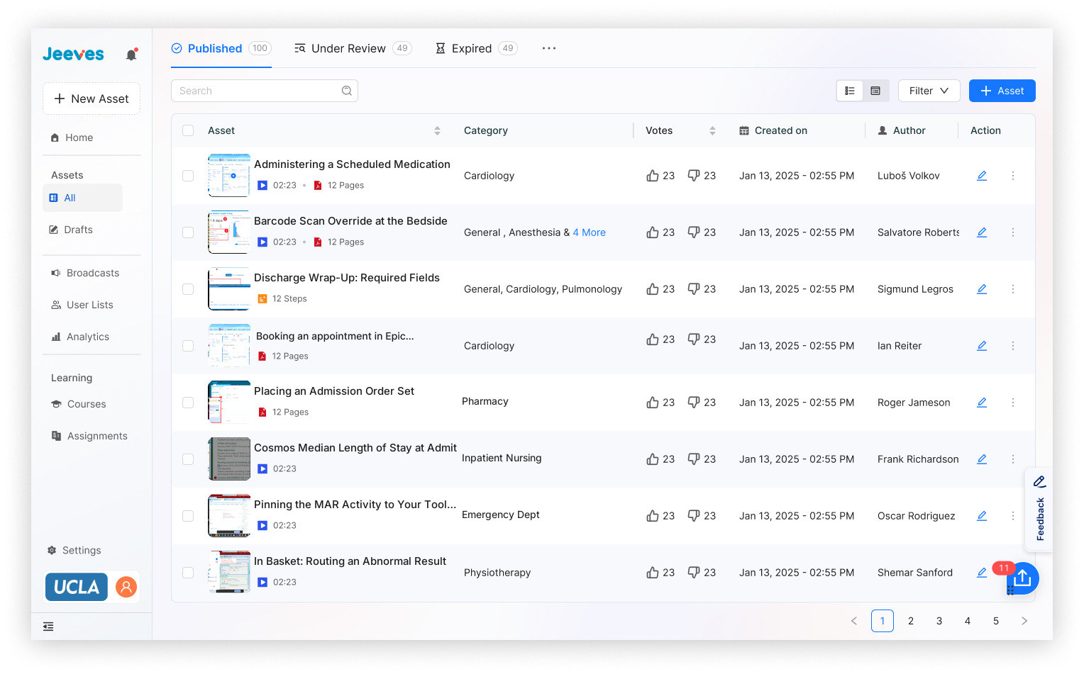The content administrator's asset library: a list of training assets with mixed formats, durations, page counts, departments and review states