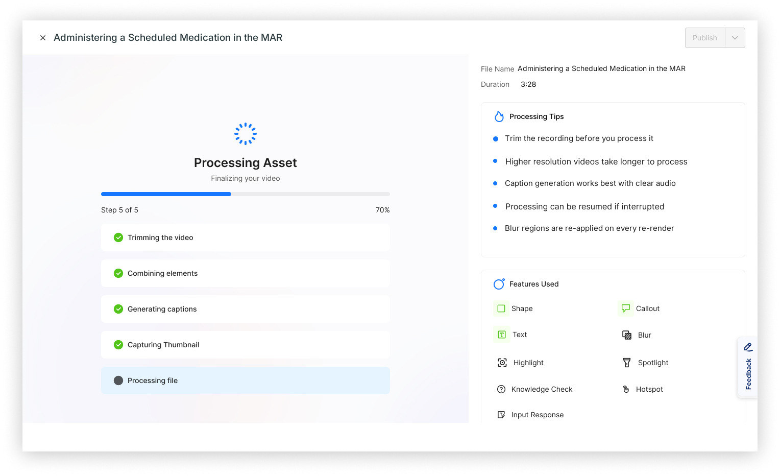 The processing screen listing the features used in this asset — shapes, callouts, blur, highlight, knowledge check, hotspot — with a step counter and progress