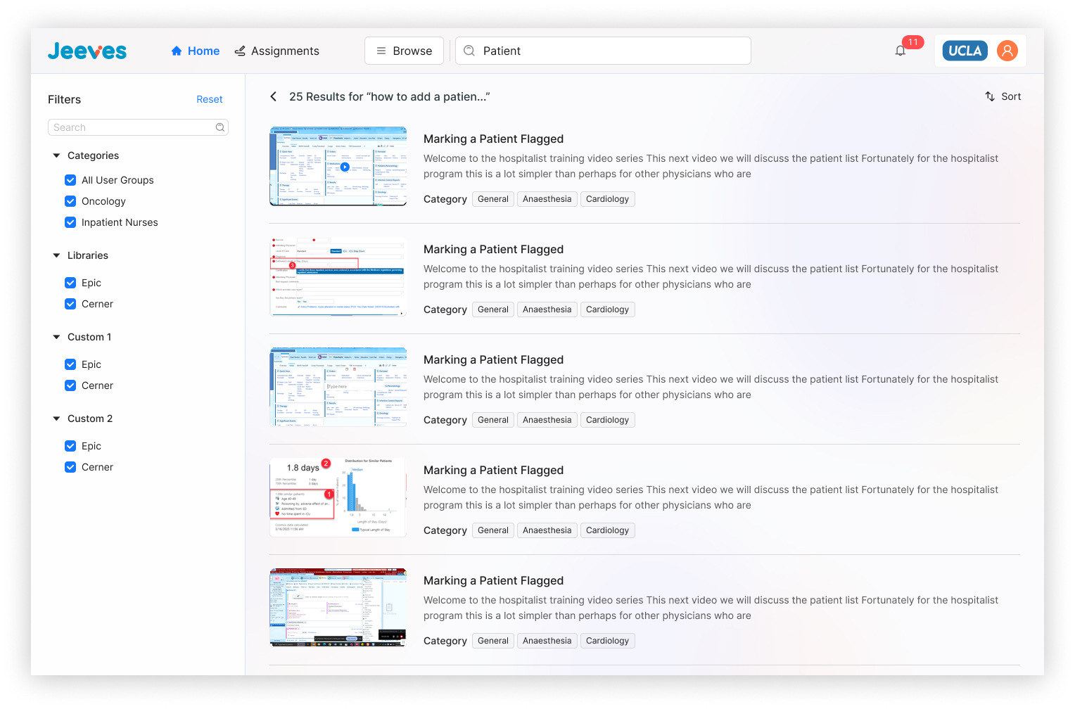 Learner search results filtered by user group and library, each result showing its duration, format and departments