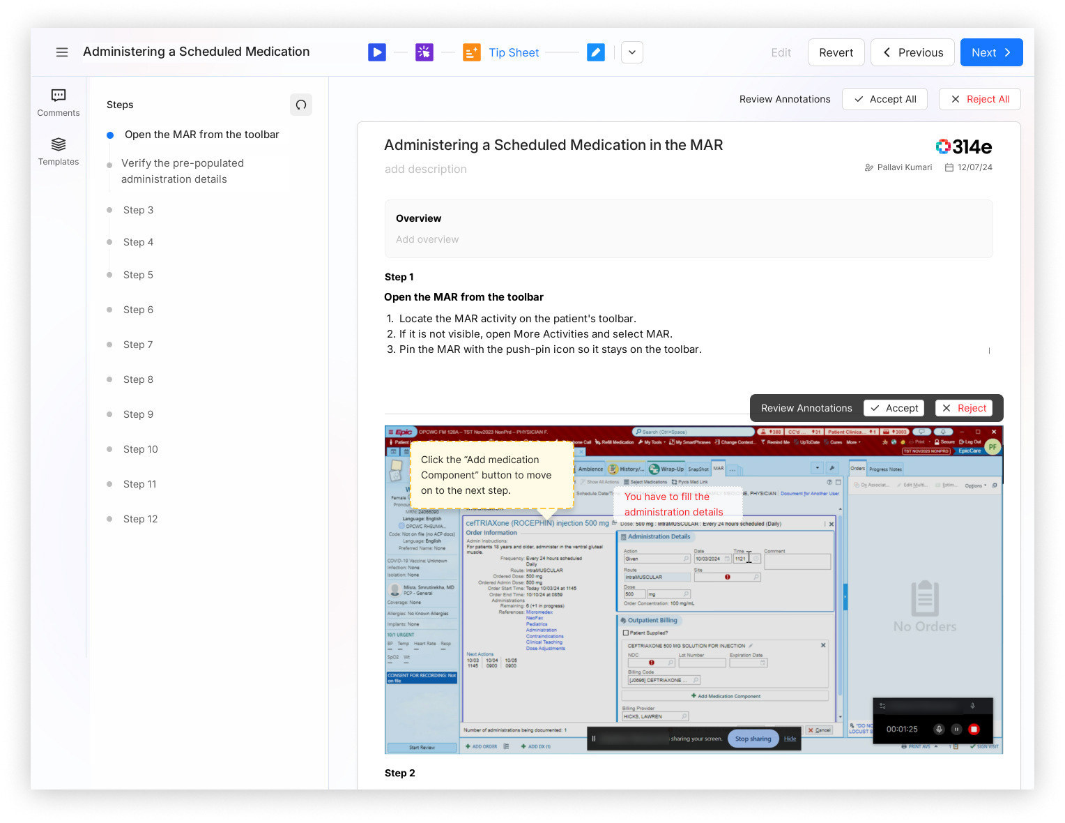 The same recording rendered as a step-by-step tip sheet awaiting annotation review