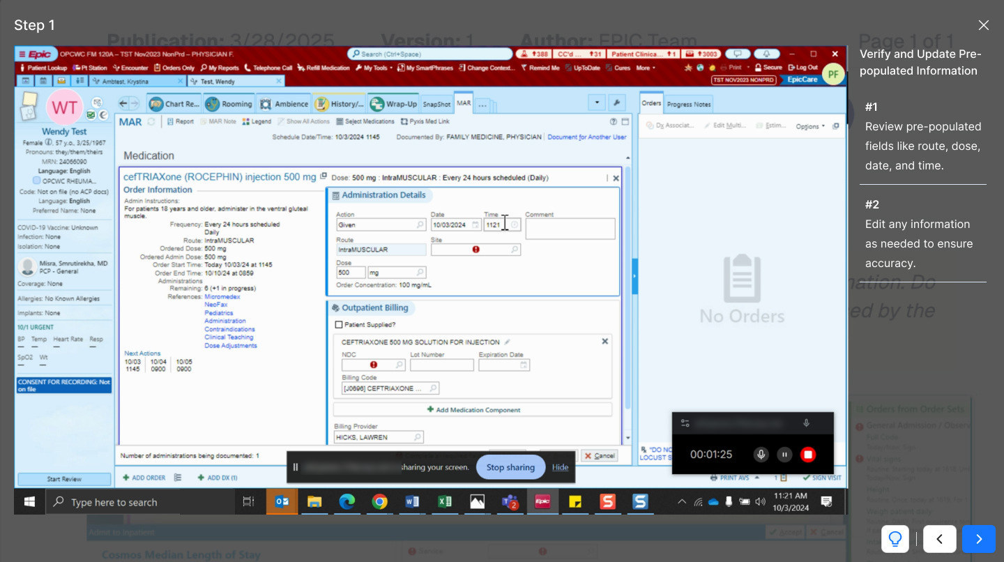 A guided tour running over the MAR administration form for a cefTRIAXone order, with required fields flagged in red