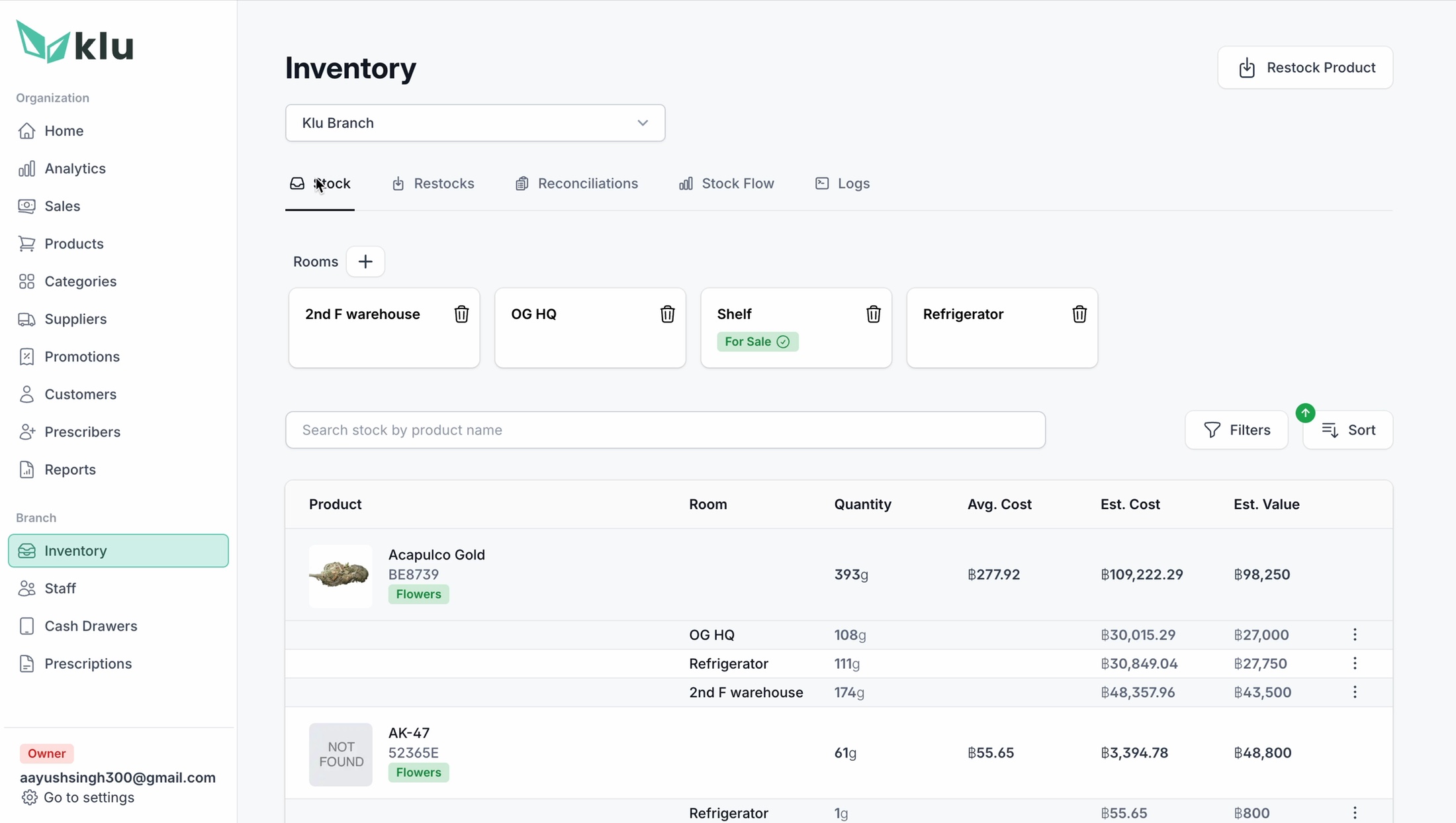 KLu operations dashboard inventory screen showing rooms, quantities, costs and stock states