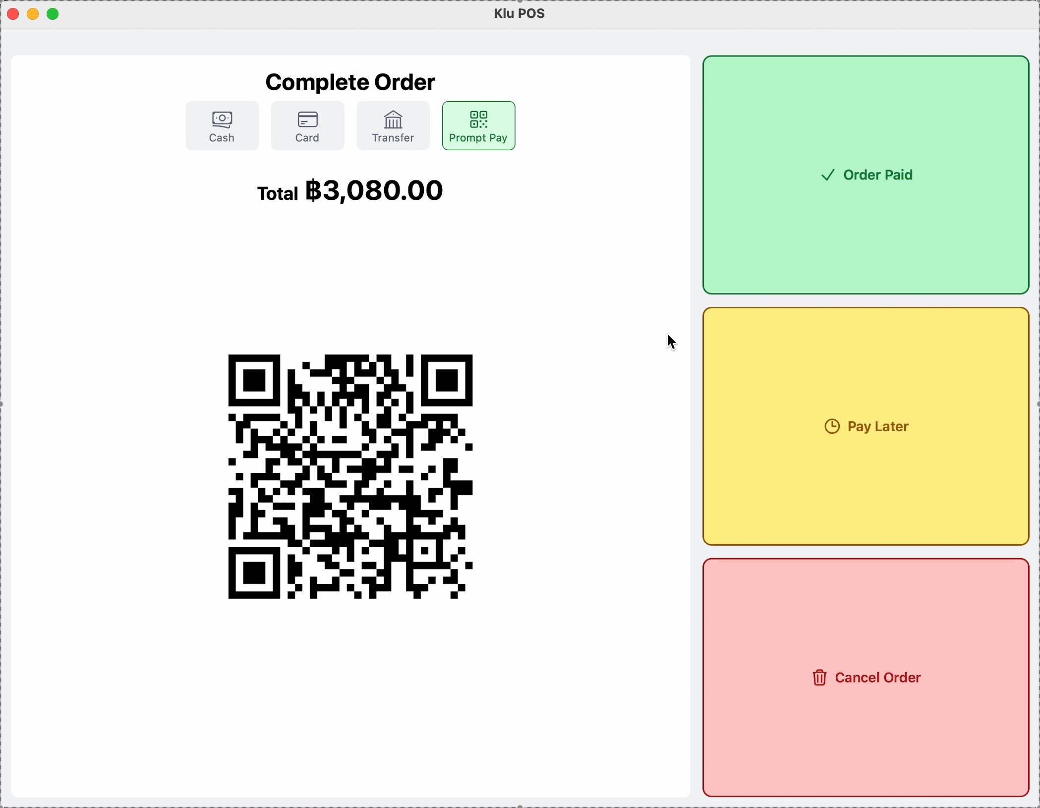 KLu checkout with PromptPay selected and a large payment QR code