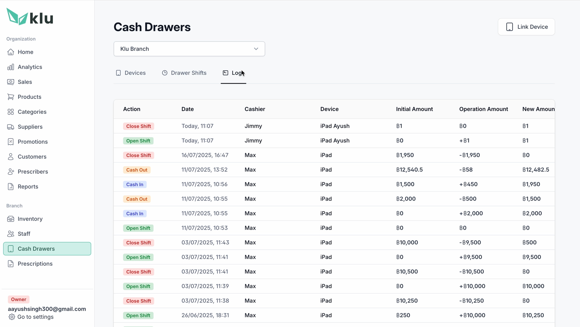 KLu cash drawer log showing shifts, opening amounts, operations and totals