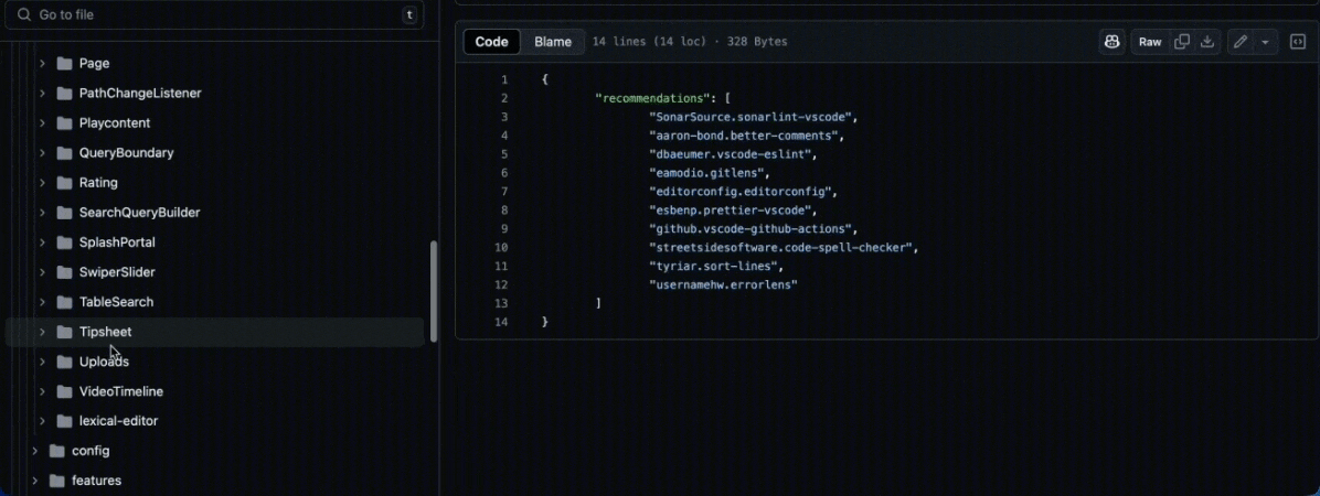 The component repository in an editor: a file tree of feature folders beside a shared editor configuration file listing the linting and formatting extensions the team standardised on