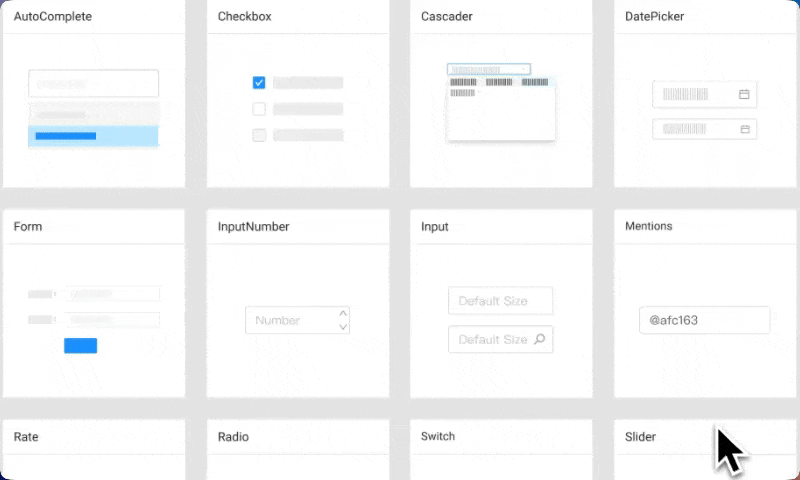 Data entry components on their documentation artboards: AutoComplete, Checkbox, Cascader, DatePicker, Form, InputNumber, Input and Mentions