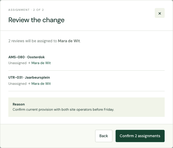 Assignment preview listing the previous and new owner for each of two sites