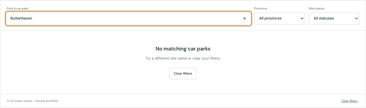 Search with no matching car parks, keeping the active query visible and offering Clear filters