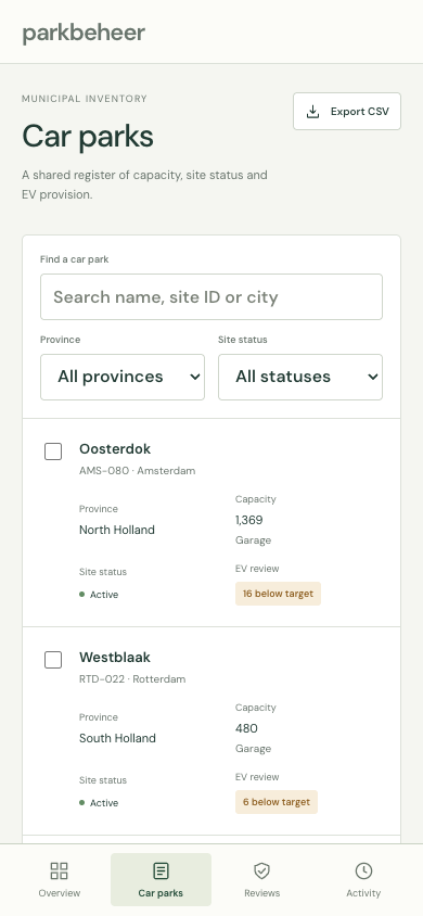 Mobile directory with a visible search input and labelled car-park records