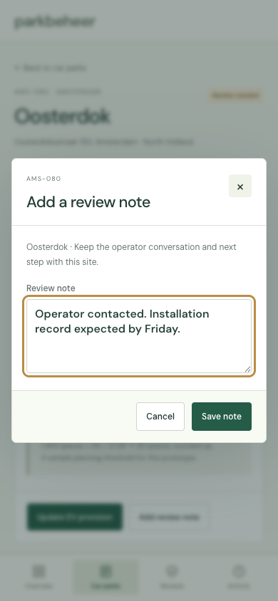Mobile review-note form with an operator follow-up entered