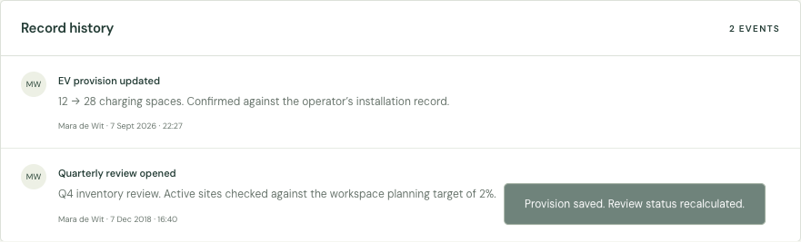 Site history showing the changed provision and the reason