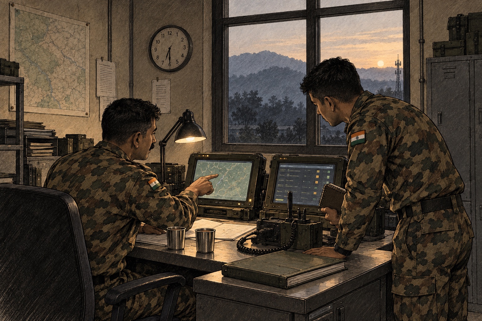 Illustration of a shift handover at first light: one officer pointing at a display while the incoming officer takes notes