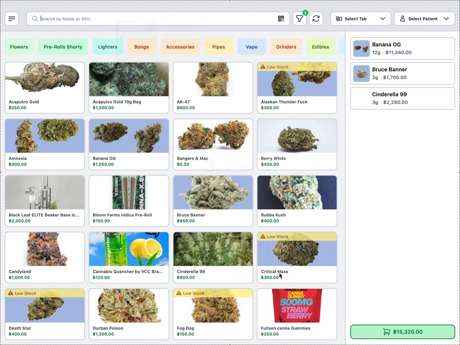 KLu point-of-sale product grid with live cart, low-stock flags and weight-based pricing
