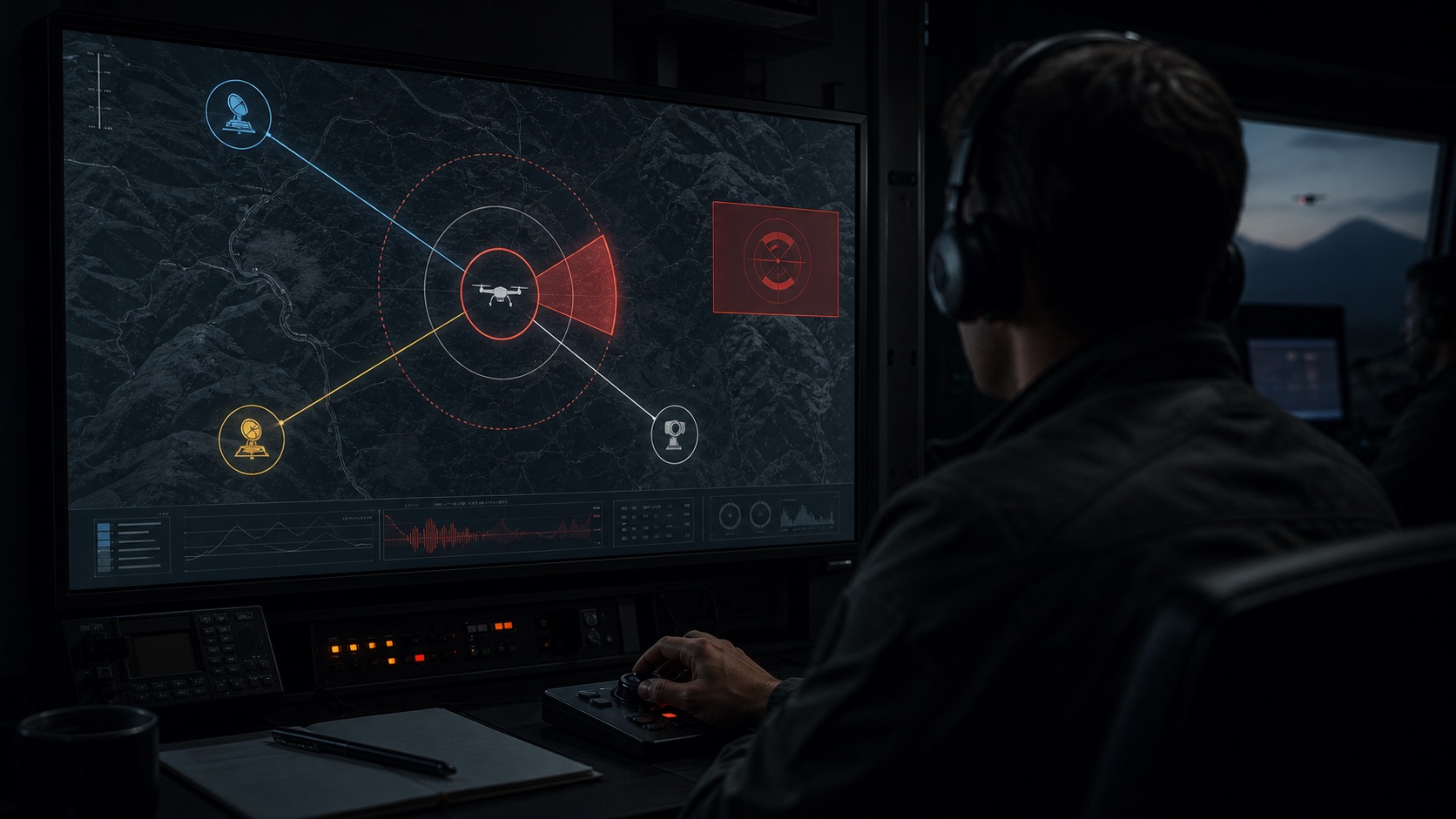 Duty officer monitoring a fused counter-drone contact picture in a dark operations room