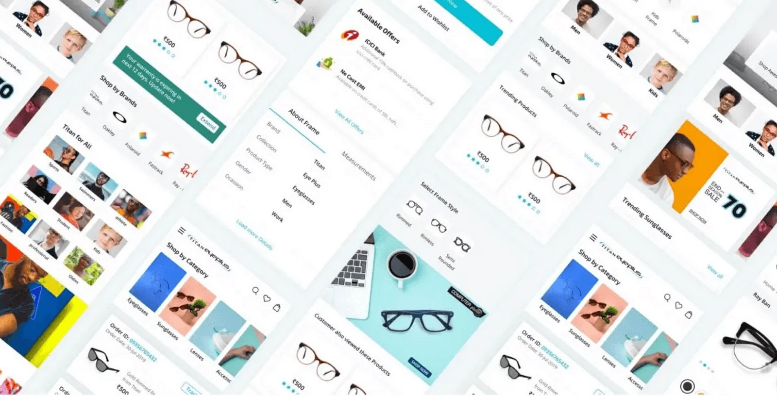 Titan Eyeplus storefront screens: frame browsing, offers, prescription details and checkout