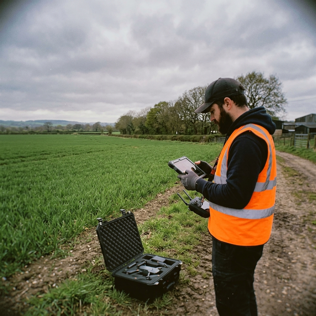 Operator at field edge with tablet