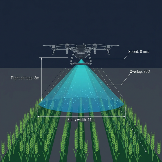 Drone spray pattern diagram showing altitude, width, overlap