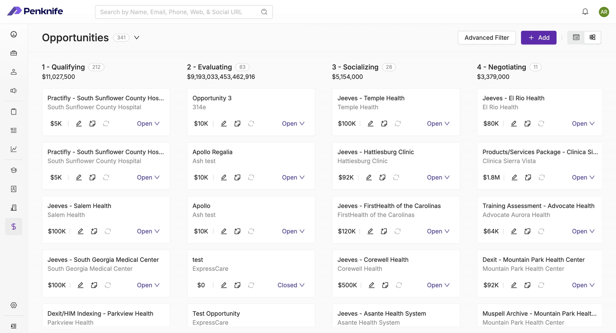 Penknife opportunities pipeline — Kanban stage view with deal values