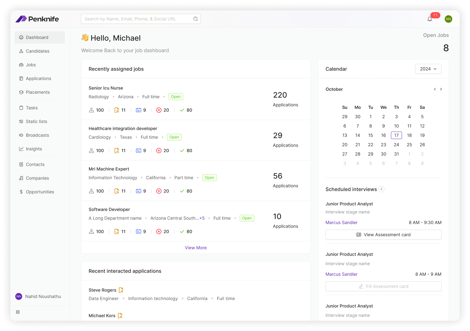Penknife internal hiring dashboard — recently assigned jobs, calendar, scheduled interviews