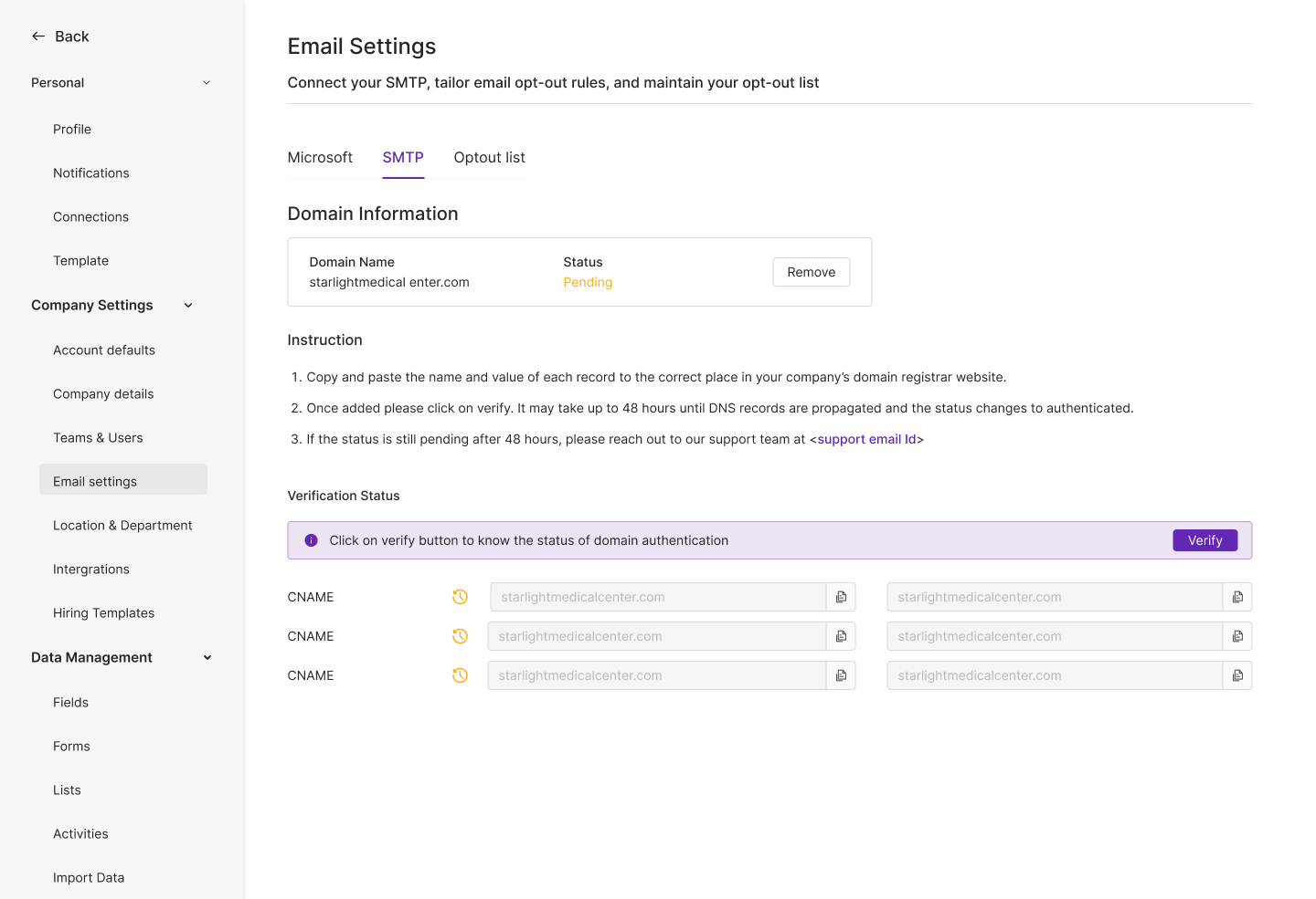 Penknife email settings — SMTP domain verification with CNAME records