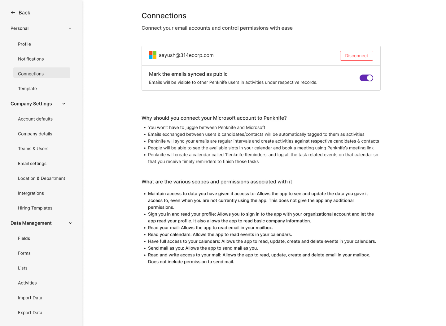 Penknife Microsoft mailbox connection with plain-English scope disclosure