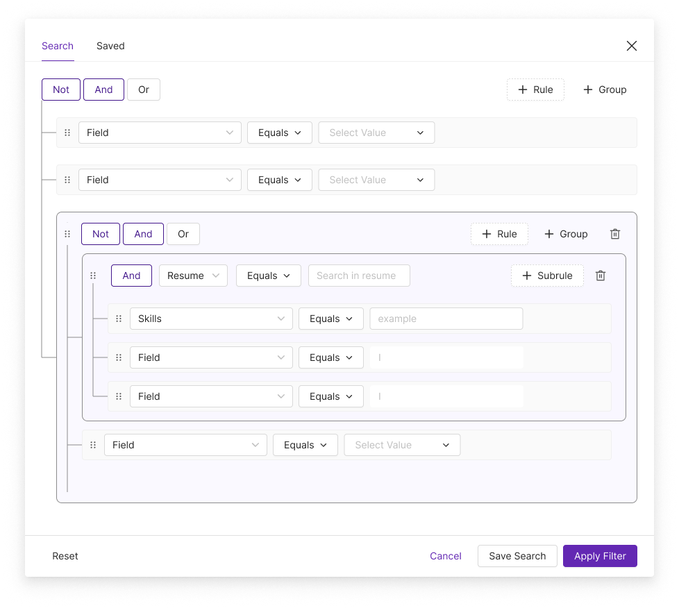 Penknife query builder — nested boolean rules and groups with full-text resume search