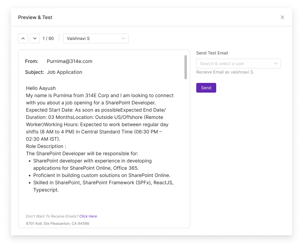 Penknife preview and test dialog rendering the email as a specific recipient